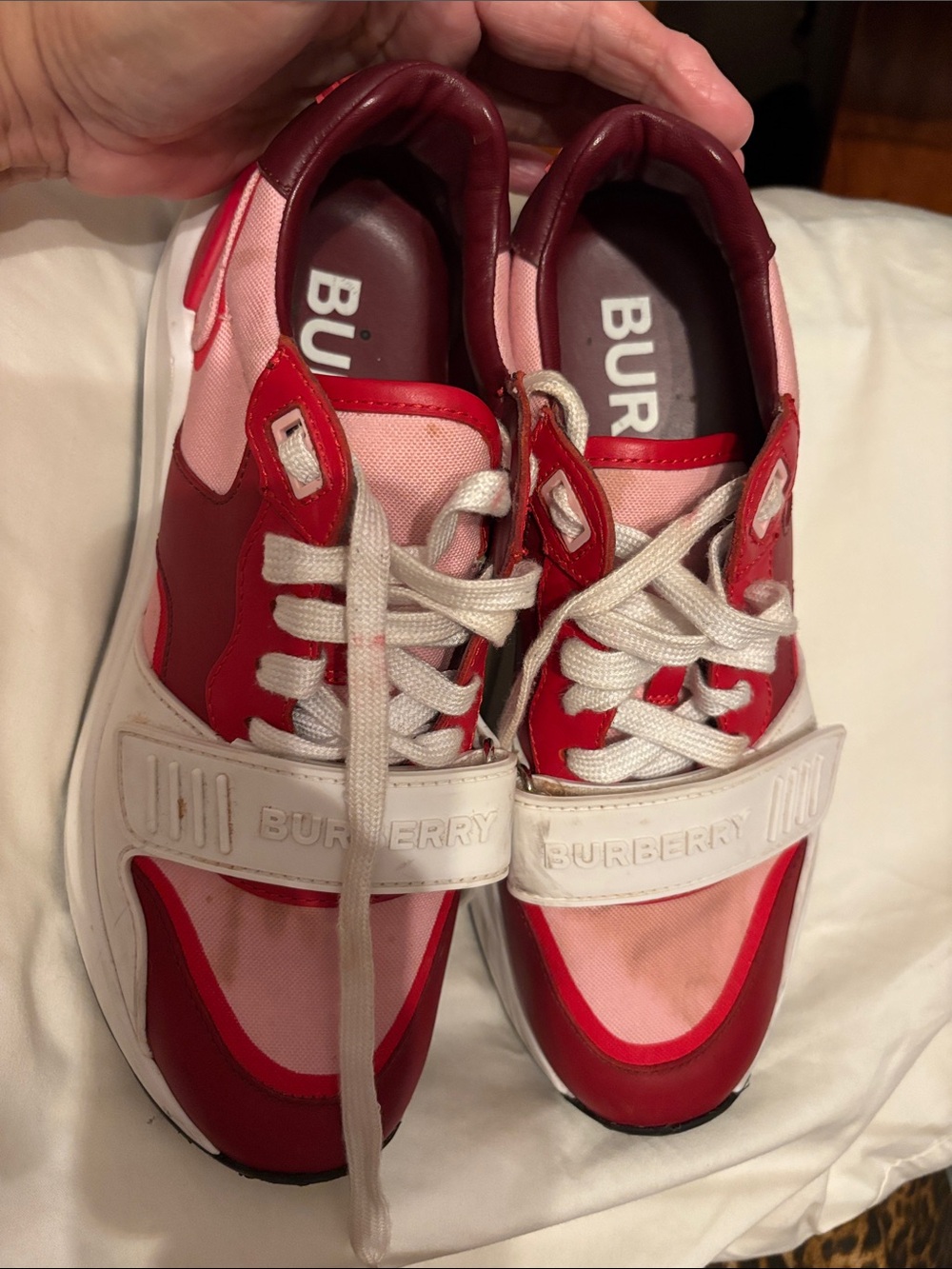 Burberry Red and Pink Strap Lace Sneakers in a size 39.5 London England